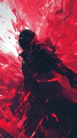 Hooded figure shatters into crimson abstract energy field.