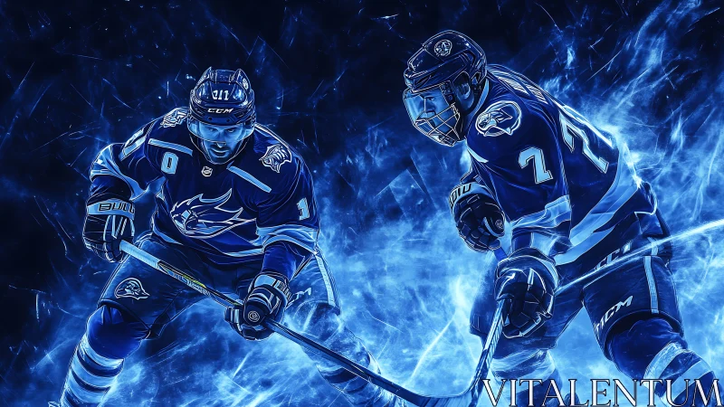 Dynamic dual hockey players rendered in neon blue digital glow
