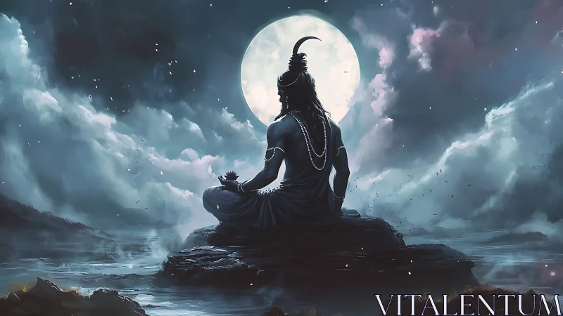 Mythic figure meditating on rocky shore under full moon.