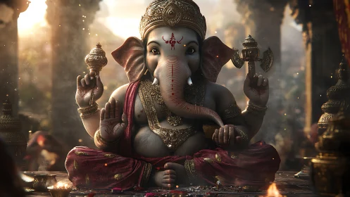 Elephant-headed four-armed deity statue in ornate shrine.