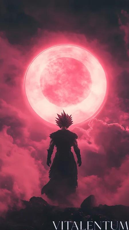 Starlit warrior rises beneath a colossal crimson moon