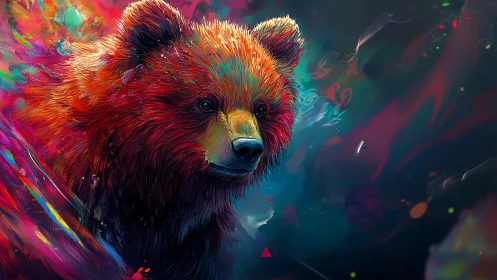 Neon brushstroke bear amid swirling cosmic color field.