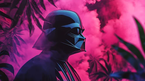 Dark sci fi helmet amid neon jungle smoke backdrop.