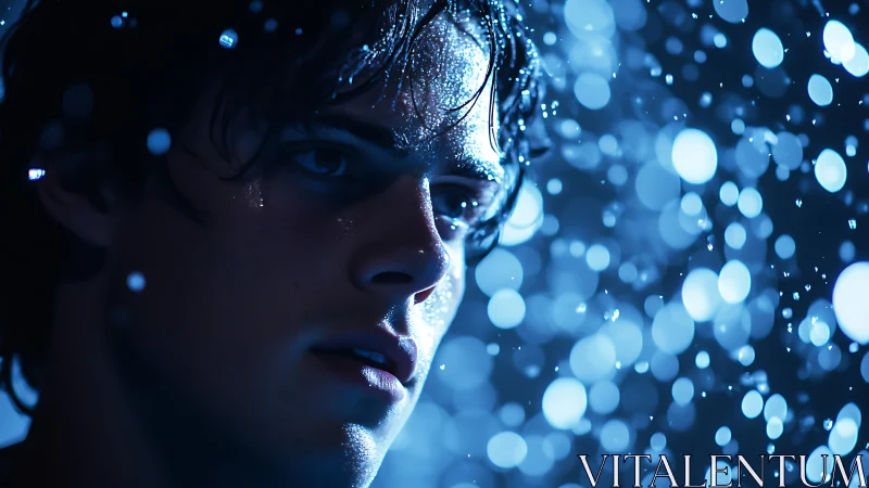 Moody wet portrait in blue bokeh rain lighting study.