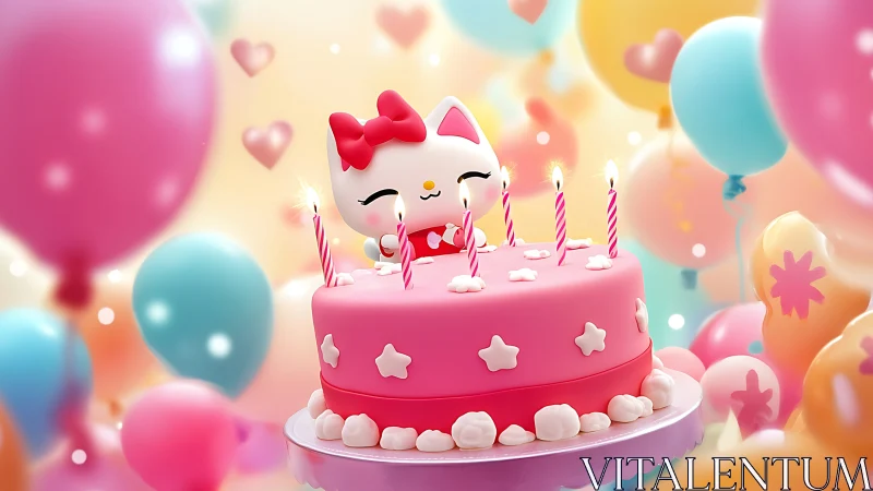 Three-Dimensional Rendered Birthday Cake with Anthropomorphic Cat Figure Surrounded by Volumetric Bo