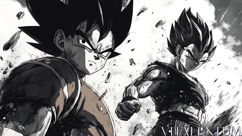 Saiyan warriors stand battle ready in monochrome storm.