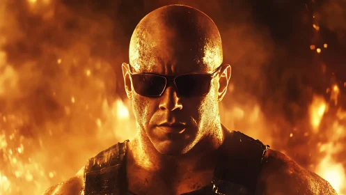 Bald muscular man with sunglasses emerges against intense firestorm