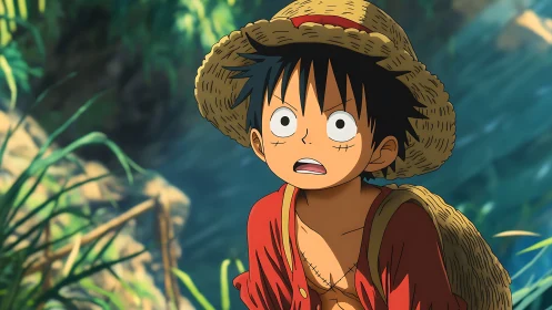 Straw hat boy stares wide-eyed in lush jungle light