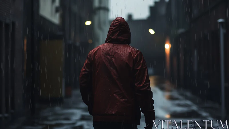 Backlit hooded figure walks through wet urban alley at night