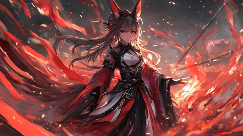 Foxfire war priestess strides through stormborn embers.