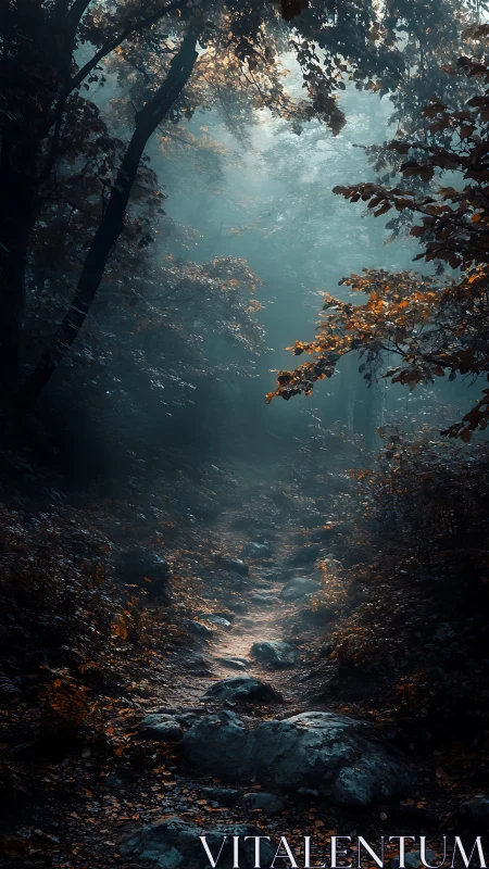 Misty Forest Path Through Autumn Woods