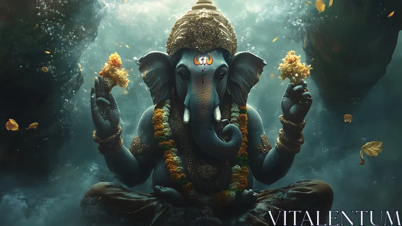 Gentle elephant deity rests in glowing underwater serenity