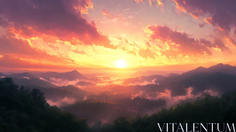 Sunrise ignites misty forest mountains in vivid color.