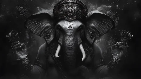 Elephant-headed deity rendered in monochrome digital chiaroscuro
