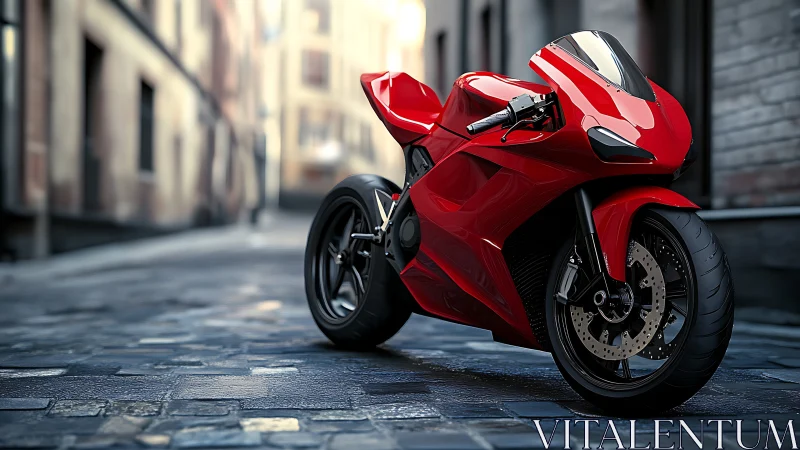 Red superbike stands poised on slick cobblestone street.