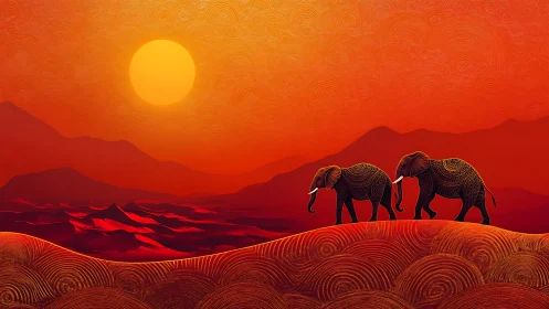 Stylized elephants traverse patterned dunes at a saturated sunset