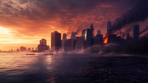 Fiery city skyline burns beneath a dramatic twilight sky.