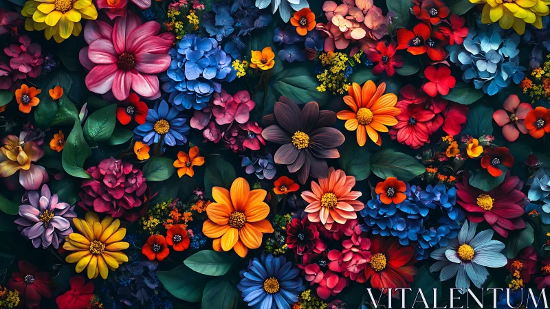Densely arranged floral composition with multi-hued blooms against dark background
