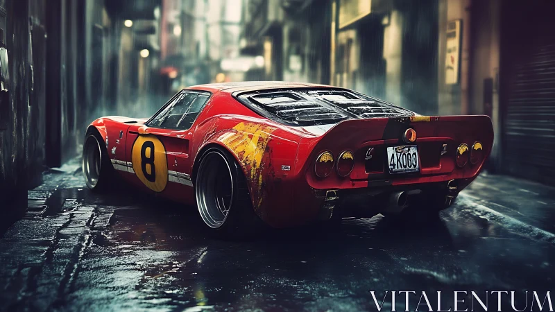 Midnight red race car waits patiently in a rainy city alley