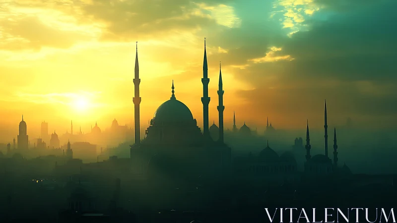 Sunrise silhouettes a misty mosque skyline in teal haze