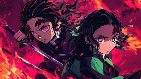 Twin anime warriors stand defiant amid blazing scarlet fire