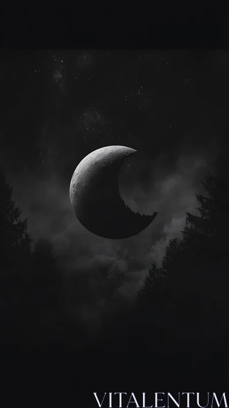 Surreal crescent moon over forest in monochrome digital art.