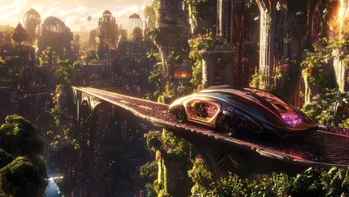 Futuristic hovercar glides through lush vertical cityscape.