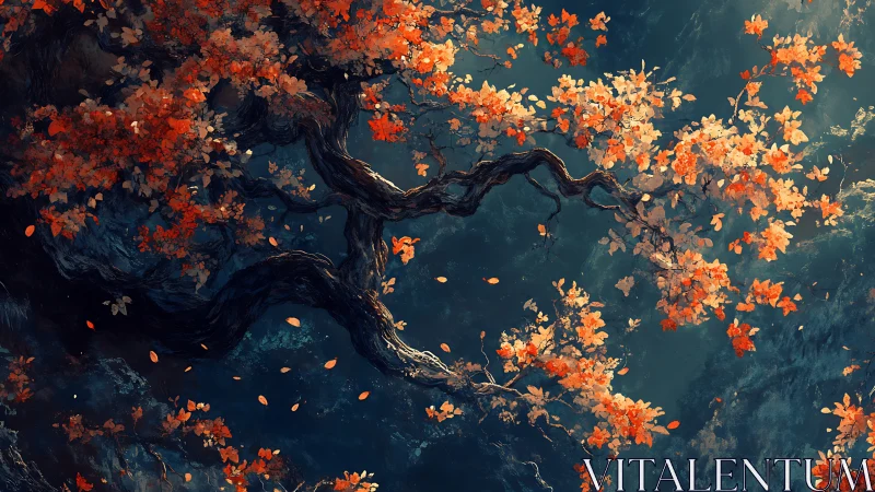 Twisting autumn tree stretches across a moody blue sky.