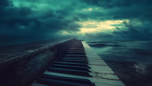 Surreal piano pier extending into stormy turquoise sea.