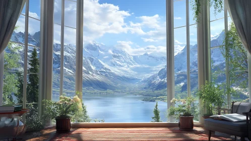 Snowy alpine lake view framed by serene glass room.