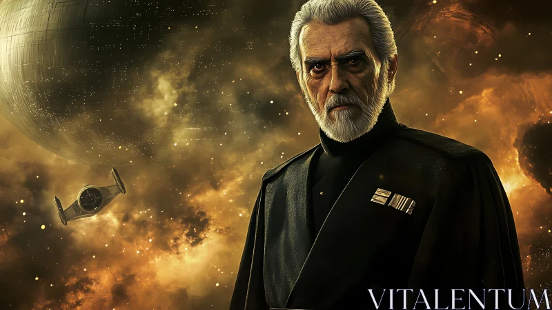 Older man in dark uniform stands before large space station