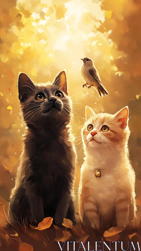 Two Feline Philosophers Watch a Songbird Rise.