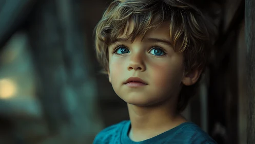 Young Boy with Striking Blue Eyes in Contemplative Portrait