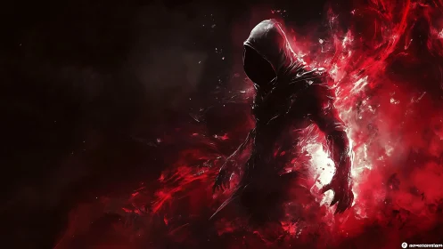 Shadowy hooded figure walks through swirling red energy veil