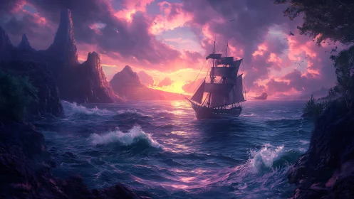 Sunset tall ship sailing through luminous tropical seascape.