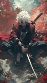 White haired swordsman resting amid red autumn leaves.