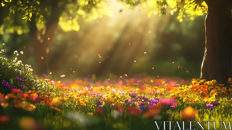 Golden-hour sunbeams illuminate a densely flowered forest glade