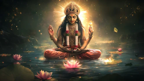 Radiant lotus goddess meditates in luminous twilight waters.