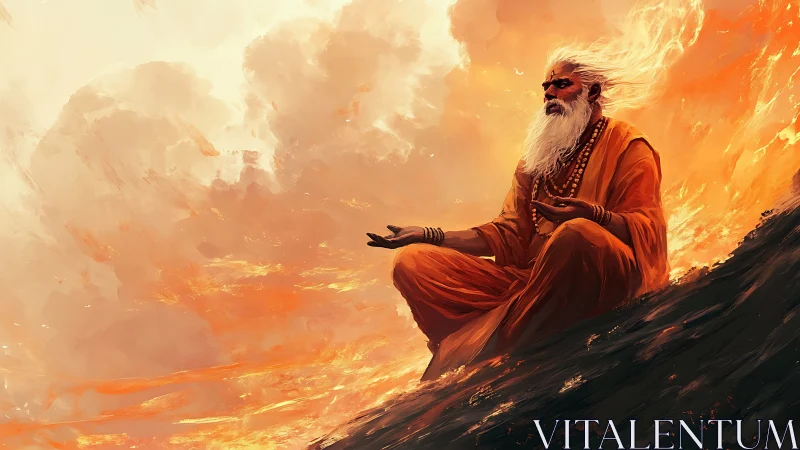 Meditating sage in orange robes amid swirling fiery clouds.