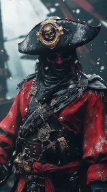 Weathered pirate captain in ornate red battle coat.