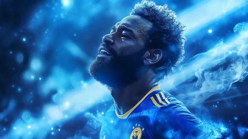 Starlit striker ascends through electric blue match haze.