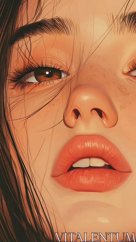Close-up digital portrait of a freckled young woman face.