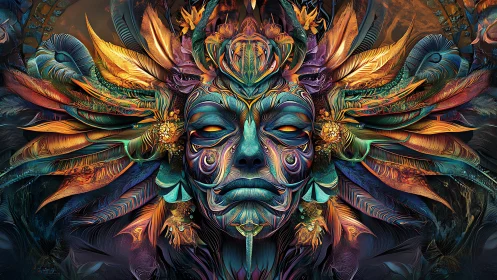 Mythic tribal mask emerges in neon-feathered fractal bloom.