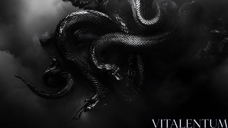 Obsidian Serpent Coiled in Volumetric Shadowed Atmosphere.