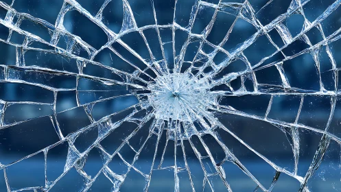 Shattered safety glass with radial crack pattern center.