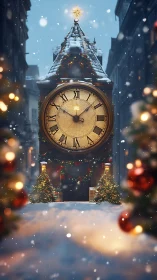 Snow covered street clock tower with winter decorations.