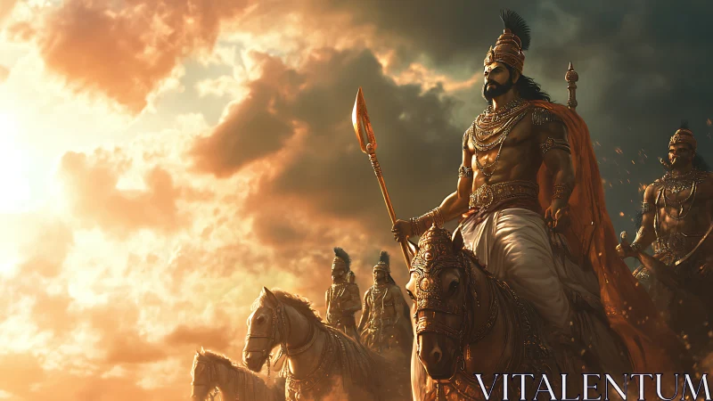 Radiant warrior king riding at dawn with loyal companions.