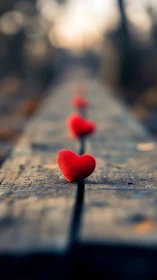 Three Velvet Hearts Dance Along Weathered Wooden Tracks