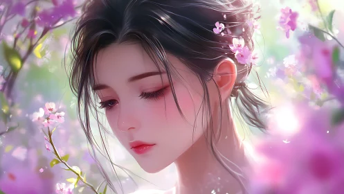 Serene floral portrait captures gentle spring light around girl