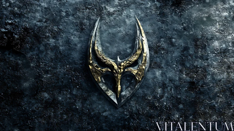 Ornate dual-blade emblem rendered on weathered metallic stone